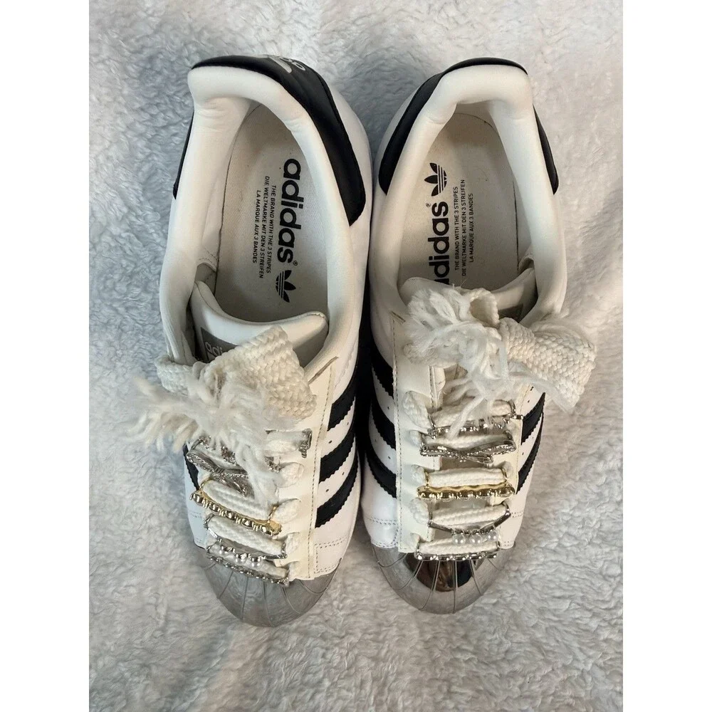 adidas Superstar Customized Women’s Sneakers White Black Metallic Silver Logo